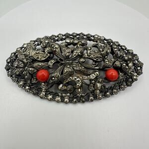 Czechoslovakia antique Art Deco silver tone marcasite butterfly red glass brooch